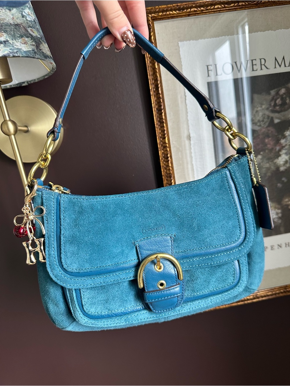 Coach Teal Suede Leather Buckle Shoulder Bag Y2K
